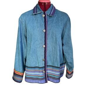 Vintage Coldwater Creek Womens Large 100% Cotton Denim Navajo Embroidered Jacket